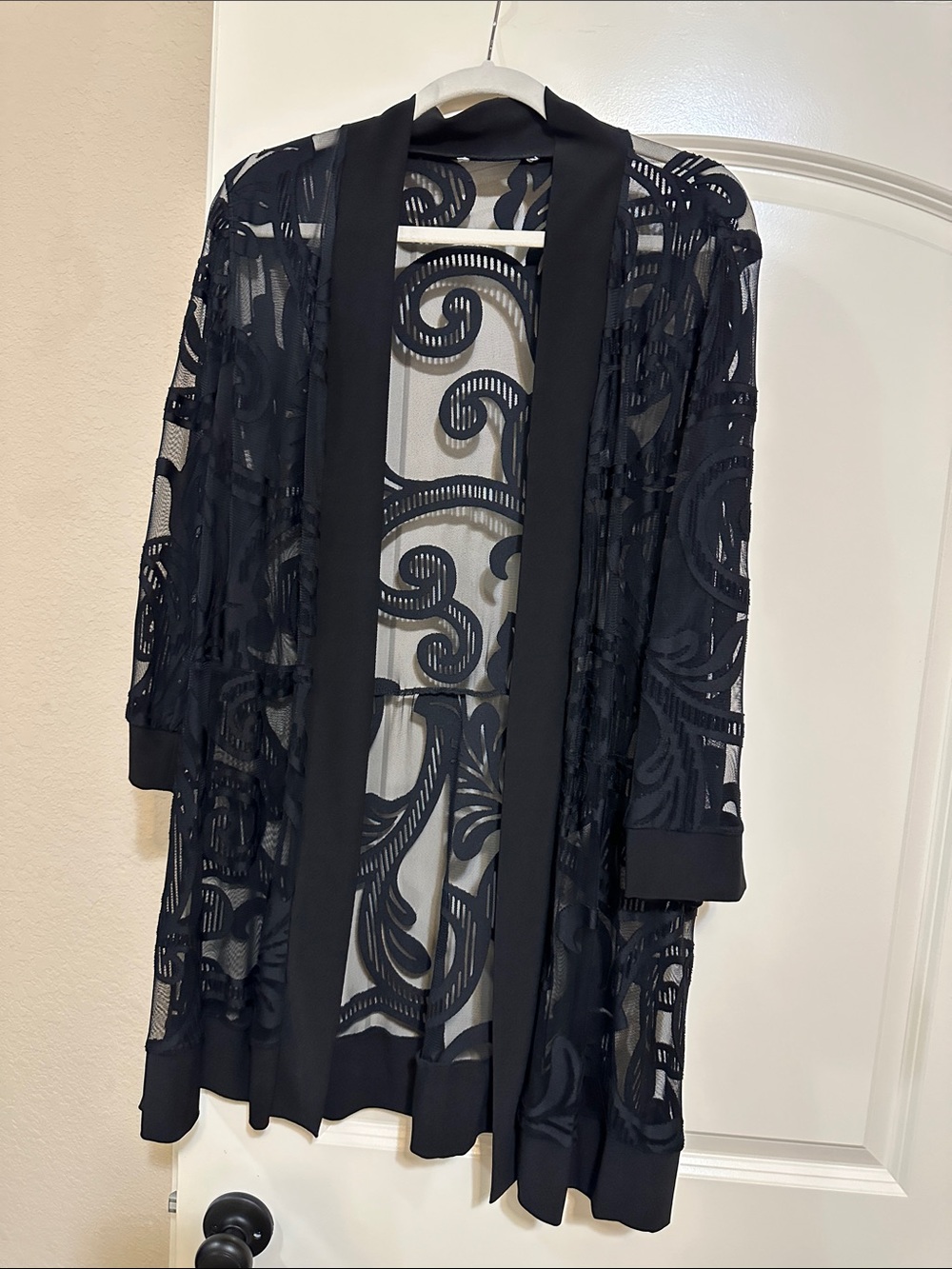 Sheer Embroidered Open-Front Kimono Robe - Black